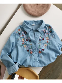 Мягкая джинсовая рубашка Lamtrip с вышивкой в деревенском стиле и цветами, романтическая блузка Mori Girl 2023 Весна