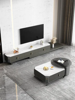 Итальянская минималистичная каменная плита, квадратный овальный журнальный столик, телескопический телевизор, напольный шкаф, сочетание простого и экстравагантного света