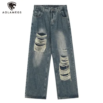 Мужские уличные мешковатые выстиранные джинсовые брюки, модные большие рваные прямые джинсы в стиле хип-хоп, широкие джинсовые брюки оверсайз, универсальные