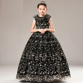 Детское вечернее платье с цветочным узором для девочек 2023 года, новая модель принцессы, сценические костюмы для подиума, Черный
