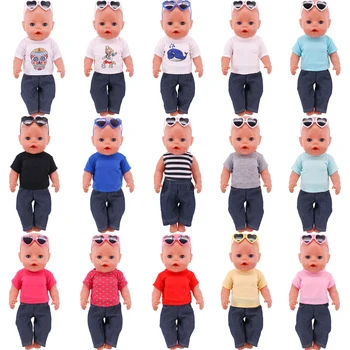 2шт Футболка + джинсы с Солнцезащитными Очками Одежда Для куклы 18 дюймов и 43 см Reborn Baby Doll Модный Наряд DIY Подарки Игрушка Нашего Поколения