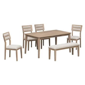 Обеденный набор в классическом стиле из 6 предметов, включает обеденный стол, 4 мягких стула и скамейку (мойка из натурального дерева)