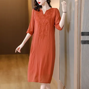 2023 Летнее Новое Льняное платье с вышивкой, Женская Свободная Дышащая юбка с темпераментом Senior Sense, Корейское Винтажное Повседневное Вечернее платье