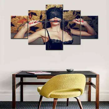 5шт Сексуальная женщина с завязанными глазами, кусающий хлыст с красной помадой, Картины на стене дома, домашний декор, современные картины без рамок, холст