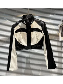 Хай-СТРИТ, новейшая мода 2023, весенняя дизайнерская куртка, женская куртка с цветным блоком с буквенным принтом, отделанная искусственной кожей