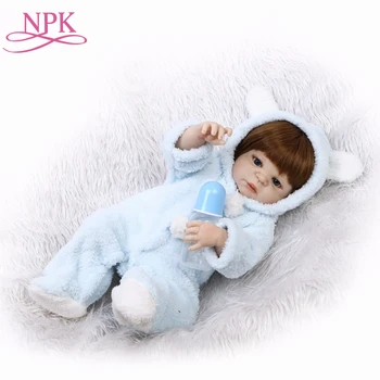 NPK 22-дюймовая кукла для новорожденных, полностью силиконовая виниловая кукла reborn, мальчик бебе, голубая плюшевая одежда, Модные Куклы, Каштановые волосы