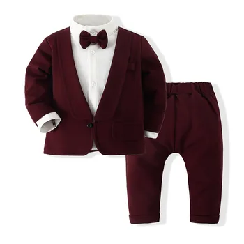 Одежда для малышей на 1-й день рождения, джентльменские осенние наряды, праздничный костюм для мальчиков 1, 2, 3 лет, однотонные брюки, поддельный комплект из 2 предметов, свадебный костюм для малышей