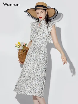 2023 Летнее Новое женское платье с летящими рукавами, эластичный пояс, тяжелая работа, Плиссированное платье с фрагментированным цветком, праздничное платье