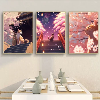 Японский пейзаж, плакат с видом на цветущую вишню, Весенние кошки, цветочный принт, холст, картина, декор стены домашней комнаты, Куадрос