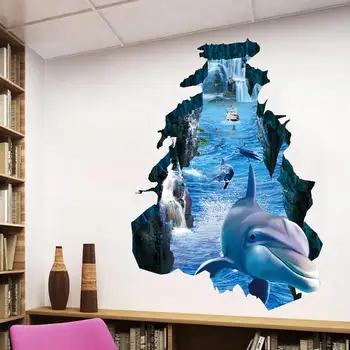 Новые 3D наклейки на стену Dolphin Broken Wall Визуальная Защита окружающей среды, Водонепроницаемые Нескользящие наклейки на пол в гостиной и спальне