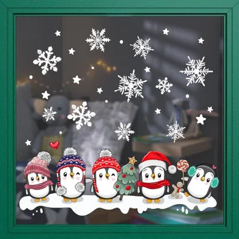 Рождественская наклейка на стену в виде снежинки и Пингвина, Статическая паста, Стеклянная паста, оконная паста, двусторонняя визуальная декоративная наклейка на стену