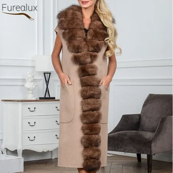 Модное зимнее женское повседневное теплое пальто чистого цвета С воротником из натурального удлиненного лисьего меха FUREALUX Fashion