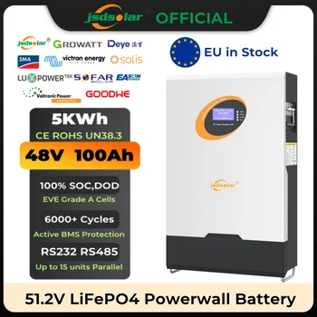 jsdsolar 48V 100AH LiFePO4 Аккумулятор 51,2 V 5KW Литиевая Батарея 6000 + Цикл Максимум 15 Параллельных CAN RS232 RS485 для Домашнего Хранения энергии