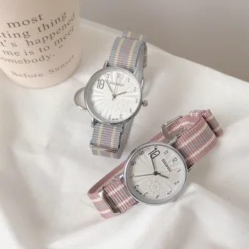Модные женские часы в полоску, простой дизайн циферблата с циферблатом, женские кварцевые наручные часы, повседневный розовый нейлоновый ремешок, женские часы-часы