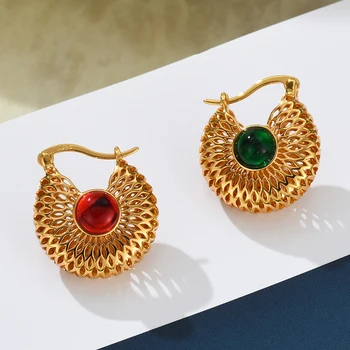 Новые винтажные серьги-кольца с пряжкой золотого цвета, Полые серьги в виде решетки, красно-зеленые Серьги с драгоценными камнями для женщин, модные украшения