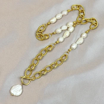 Ожерелье из натурального жемчуга из 5 частей с цепочкой из 18 каратного покрытия, ожерелье из большого свитера на цепочке для женщин 90137