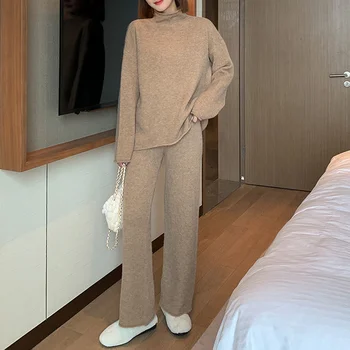 2021, Осенне-зимний комплект из 2 предметов, женский однотонный повседневный пуловер, свитер, вязаные брюки с высокой талией, вязаный мягкий костюм в корейском стиле