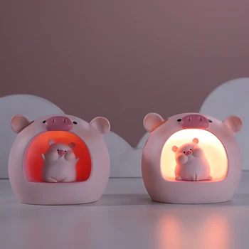 Мультяшный Розовый Поросенок Kawaii LED Night Cute Animal Pig Лампа из смолы для детской спальни Подарок на День рождения Украшение стола