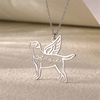 Изготовленное на заказ ожерелье Angel Dog С именем, Персонализированные украшения Для женщин, любителей домашних животных, Памятный подарок, Колье с силуэтом животного, Именная табличка