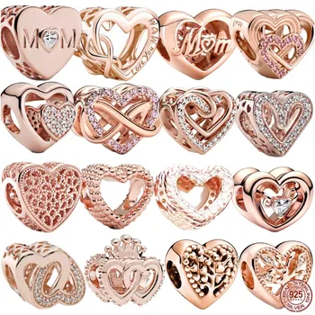 Серия Розового золота MOM Family Tree Heart из стерлингового серебра 925 пробы Подходит к оригинальному браслету Pandora в форме сердца из бисера-шарма DIY Ювелирные изделия