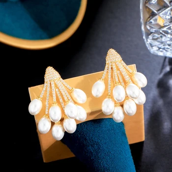 BeaQueen, Прозрачное белое золото, многослойные серьги с жемчугом, CZ, Эффектные украшения для женщин, Праздничное платье, вечеринка E598
