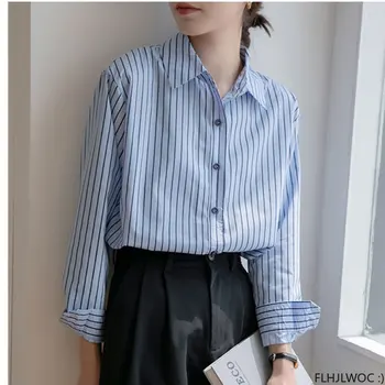 2023, Новый Французский стиль, Синие полосатые блузки, Милые офисные женские однобортные рубашки на пуговицах для бойфренда, Шикарная Корейская одежда