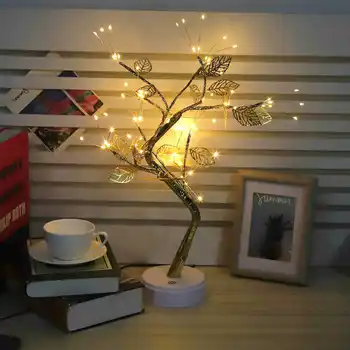 72LED Лампа в виде дерева с золотыми листьями, USB, медный провод, настольная лампа, ночник для домашнего декора, Сенсорное управление