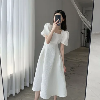 2023 Летнее женское изящное Белое платье в Корейском винтажном стиле с квадратным воротником, вечернее Черное платье, Женские простые платья-джокеры