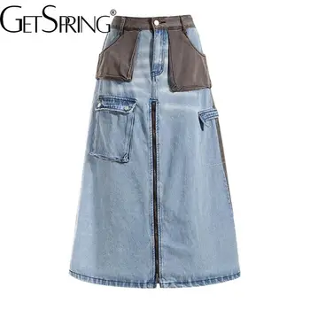 Женская юбка Getspring 2023, Весна-лето, джинсовые юбки трапециевидной формы с высокой талией, универсальные Винтажные Свободные длинные джинсовые юбки