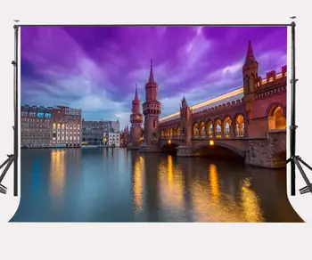 фон с видом на город ранним утром размером 7x5 футов, Фон современного моста, Фон неба ультрафиолетового цвета