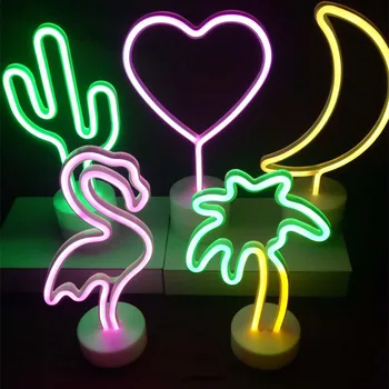 Фламинго Светодиодный Неоновый светильник, Кокосовая пальма, Кактус в форме сердца, Подставка для лампы, Красочное Украшение для дома, Рождественский ночник
