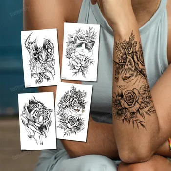 наклейка с татуировкой, женский цветок, кошка, дракон, черная татуировка, временные женские татуировки на рукавах, водонепроницаемые, сексуальные, боди-арт, мода
