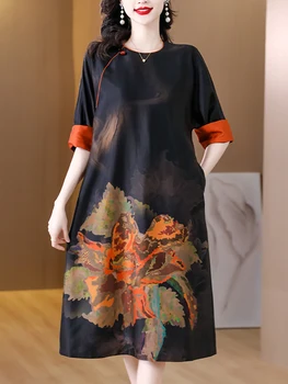 Весенне-летнее Черное шелковое платье Миди с коротким рукавом в цветочек, Женское Корейское Винтажное вечернее платье 2023, Элегантные Роскошные платья со свободной талией
