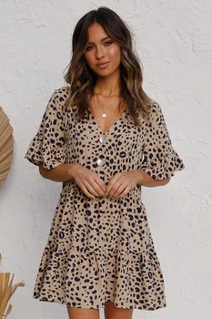 Новое летнее сексуальное платье с леопардовым принтом в европейском и американском стиле с V-образным вырезом и коротким рукавом с оборками