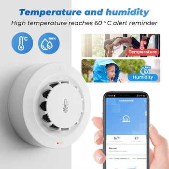 Wi-Fi Домашний датчик пожара приложение Tuya с голосовым управлением с интеллектуальной связью 2,4 ГГц с датчиком температуры и влажности для обеспечения безопасности домашней кухни