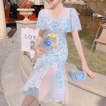 Элегантное женское платье с цветочным принтом на день рождения, французские винтажные вечерние платья Миди, Летнее модное повседневное пляжное платье в стиле бохо 2021 г.