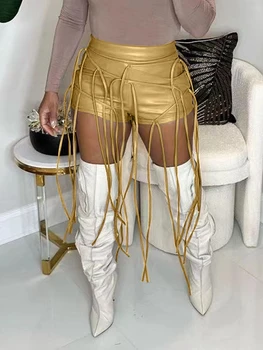 HAOYUAN Sexy из искусственной кожи, украшенный веревочной кисточкой, облегающие шорты 2023, уличная модная одежда, клубные шорты с высокой талией для женщин