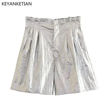 KEYANKETIAN Summer New Плиссированный дизайн, стиль бумажного пакета, повседневные шорты в стиле ретро, эластичные серебристые широкие брюки с высокой талией, женские