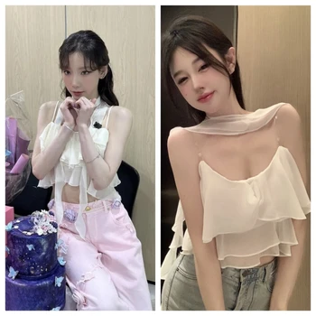Корейская одежда Kpop Y2k, Шифоновые блузки с открытыми плечами, Офисные женские Элегантные рубашки без рукавов, Сексуальные летние топы с открытой спиной