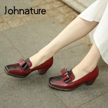 Женские туфли-лодочки Johnature, разноцветная обувь из натуральной кожи на высоком каблуке, весенне-осенняя женская обувь в стиле ретро с квадратным носком и узлом-бабочкой