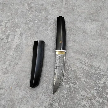 Дамасская сталь высокой твердости 60 HRC с фиксированным лезвием, прямой нож в японском стиле, Эбонитовая ручка, инструмент для выживания на открытом воздухе