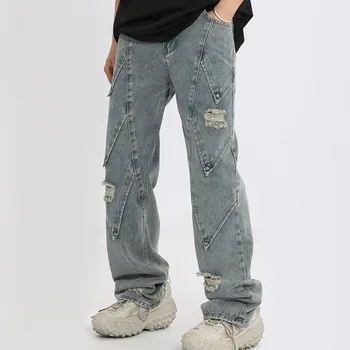 Уличная Одежда Потертые Мужские джинсы, Однотонные Рваные Свободные Прямые джинсы, Летние Повседневные джинсовые брюки в стиле хип-хоп, Высокие Уличные брюки
