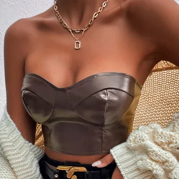 Сексуальный укороченный топ из искусственной кожи с открытыми плечами, женская модная уличная одежда Y2K, женская одежда