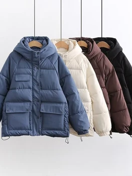 Женская осенне-зимняя куртка 2023, плотное теплое пальто с капюшоном, уличная одежда, парка синего цвета Хаки, Элегантная верхняя одежда