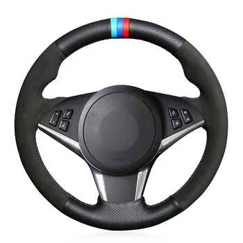 Сшитый вручную Черный Чехол на Руль автомобиля из натуральной кожи и Замши для BMW E64 2004-2010 E60 E61 (Touring) 530d E63 2003-2010