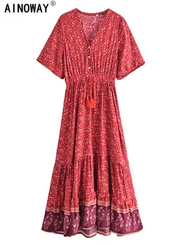 Винтаж шик мода женщины цветочные печати V-образным вырезом вискоза пляж богемный макси платье дамы V шеи кисточкой Boho летние платья халат