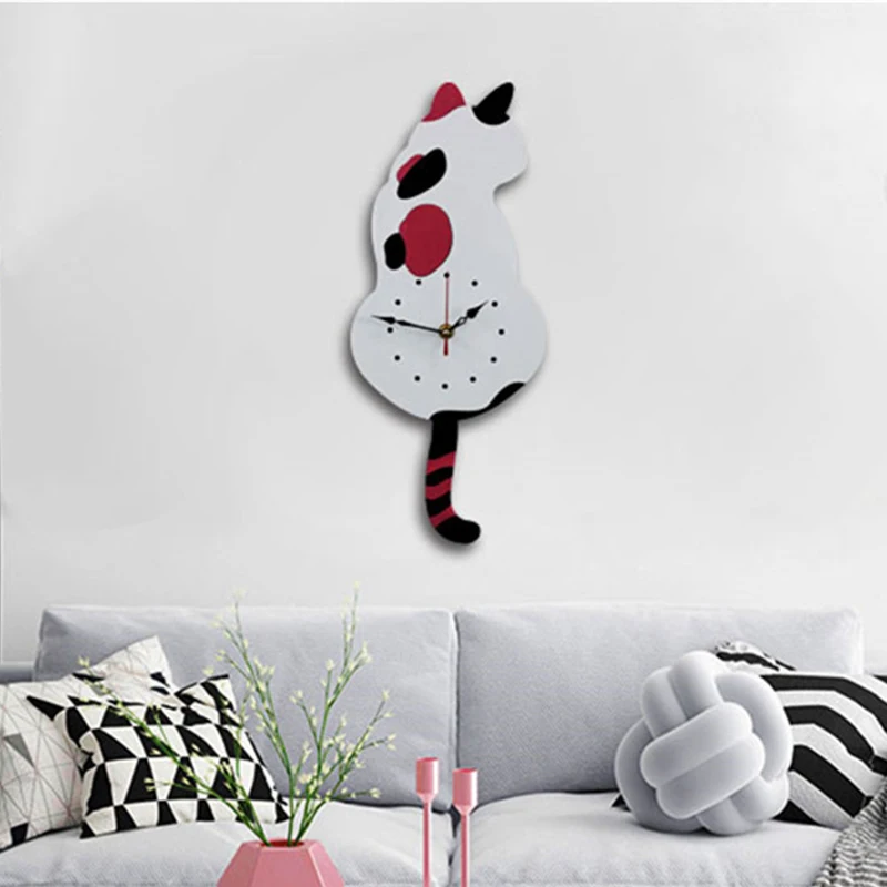 Креативные настенные часы с маятником в форме кошки, декоративные акриловые настенные часы с поворотным хвостом, домашний декор, бесшумный сканирующий механизм Puo88