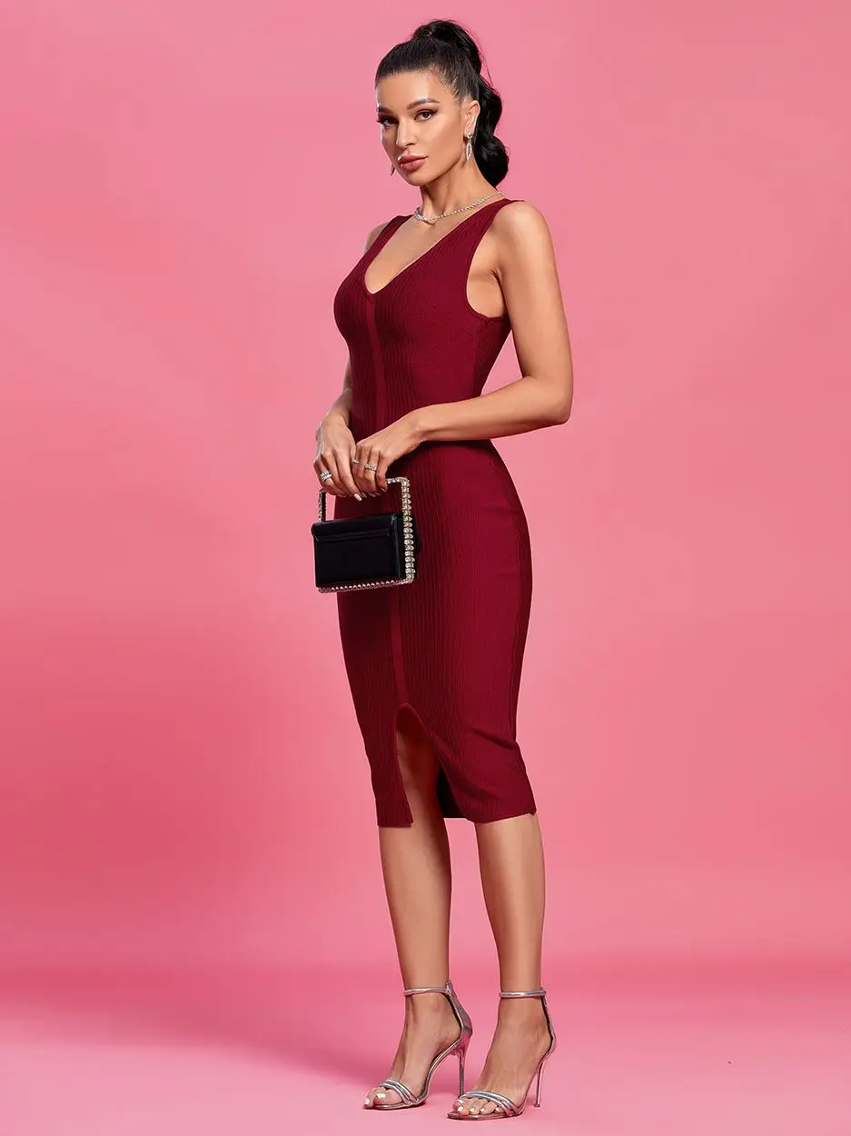 Красное бандажное платье, женское вечернее платье Миди, облегающее Элегантное Сексуальное платье на бретельках, вечерний наряд для клуба на день рождения, Новинка лета 2023
