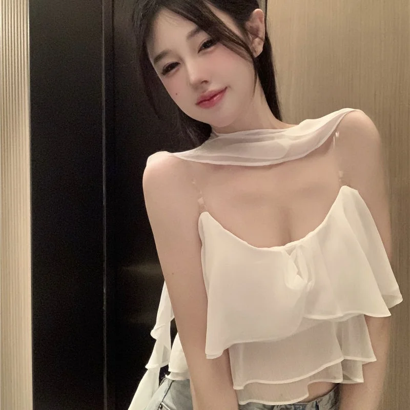 Корейская одежда Kpop Y2k, Шифоновые блузки с открытыми плечами, Офисные женские Элегантные рубашки без рукавов, Сексуальные летние топы с открытой спиной